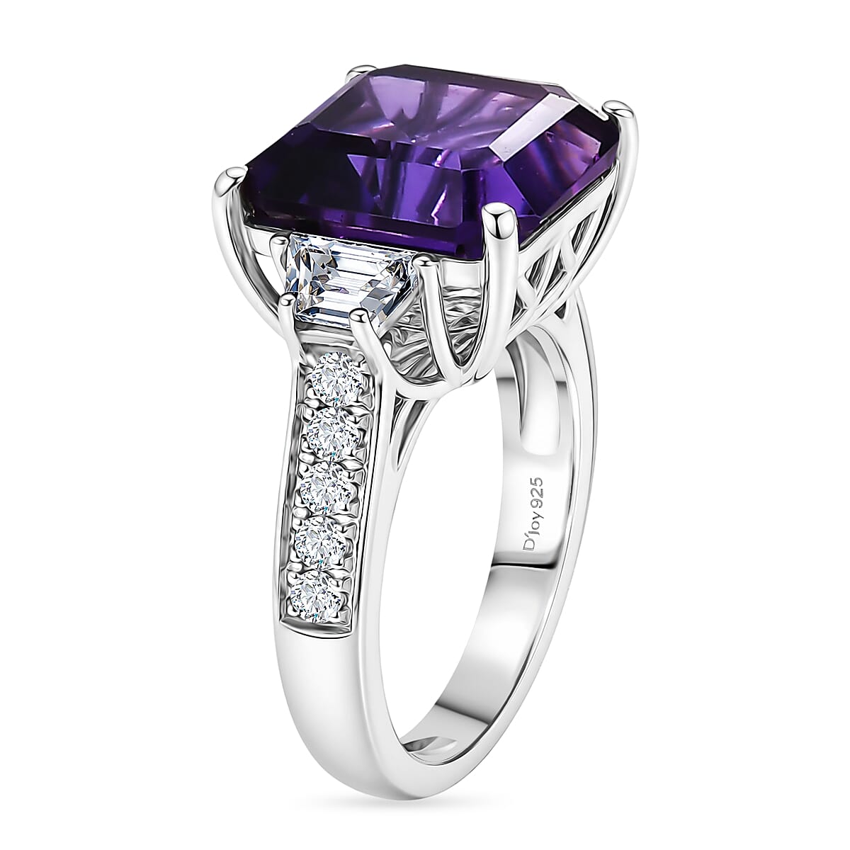 D'Joy - AAA Zambian Amethyst & White Zircon Trilogy Ring in Rhodium Overlay Sterling Silver 6.80 Ct.