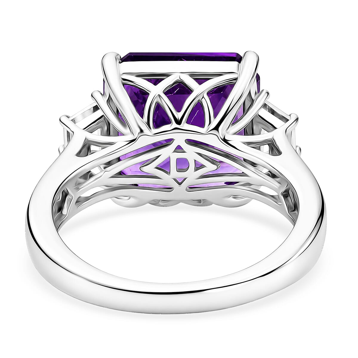 D'Joy - AAA Zambian Amethyst & White Zircon Trilogy Ring in Rhodium Overlay Sterling Silver 6.80 Ct.