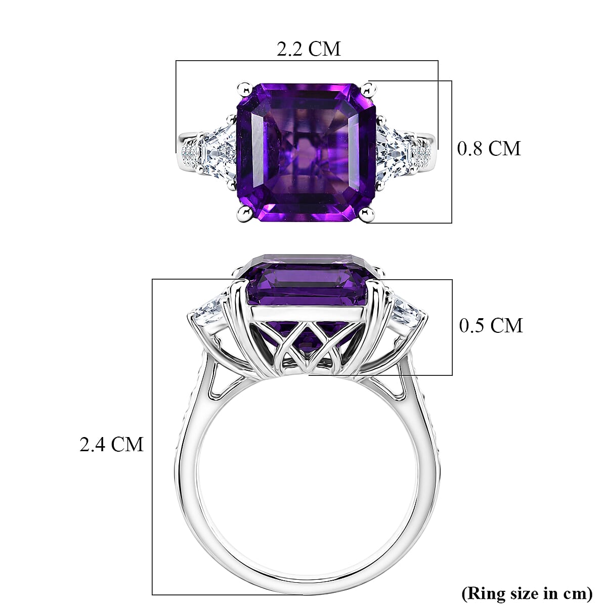 D'Joy - AAA Zambian Amethyst & White Zircon Trilogy Ring in Rhodium Overlay Sterling Silver 6.80 Ct.