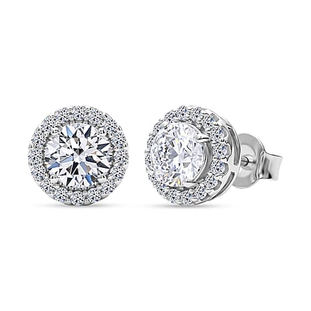 LUXURIANT 2 Ct. Lab Grown Diamond Halo Stud Earring with Push Post in Rhodium Overlay Sterling Silver (SI-G-H) LUXURIANT 2 Ct. Lab Grown Diamond Halo Stud Earring with Push Post in Rhodium Overlay Sterling Silver (SI-G-H)