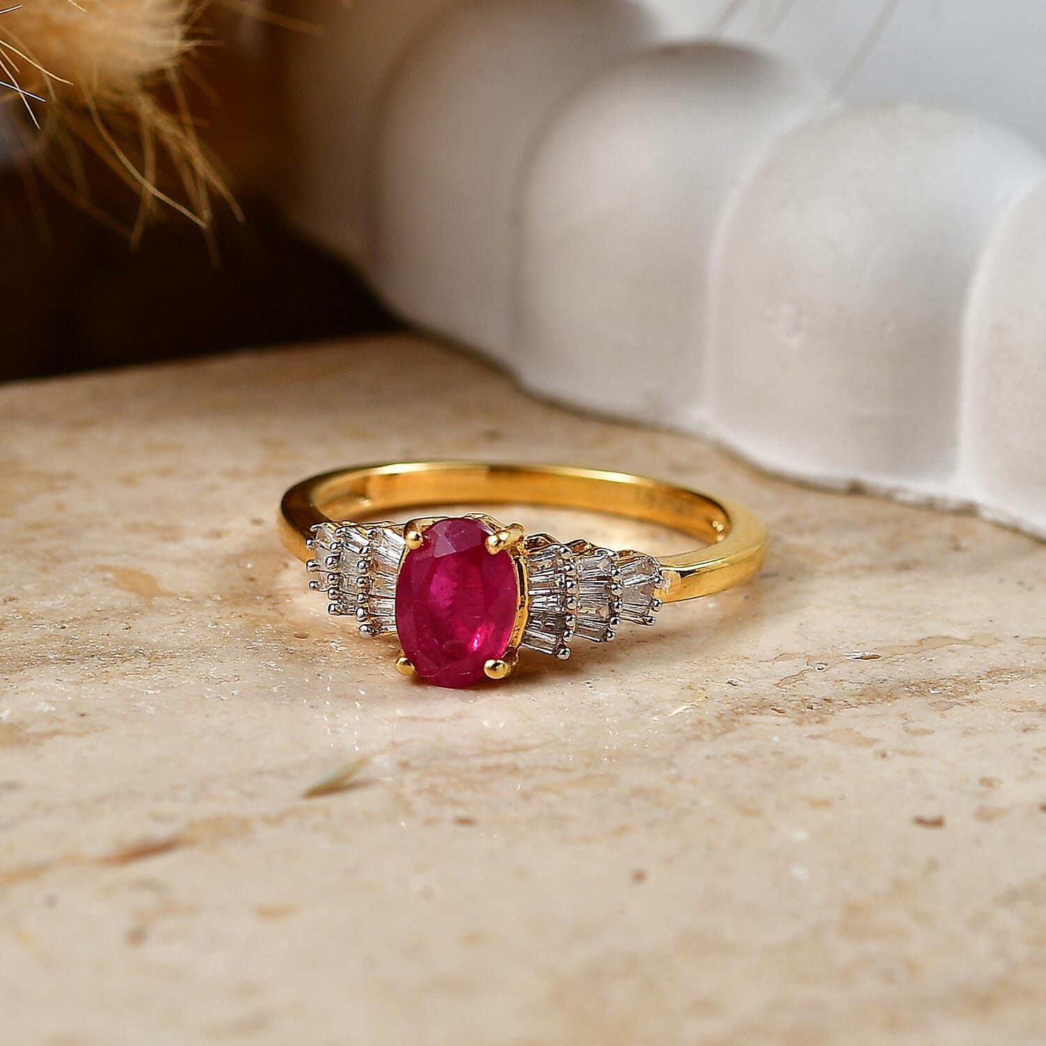 African Ruby / Ethiopian Opal, White Diamond Ballerina Ring in Yellow Gold Over Sterling Silver