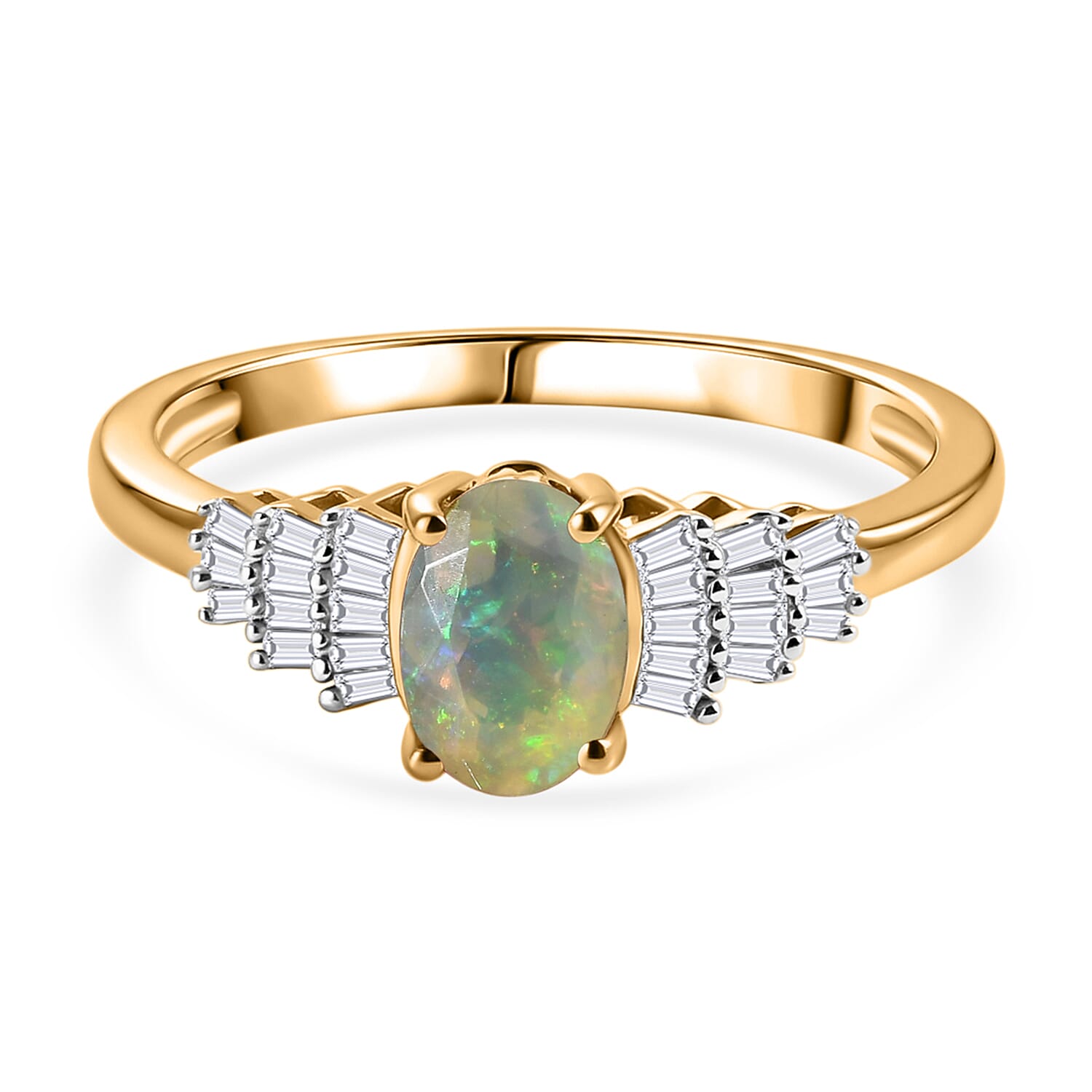 African Ruby / Ethiopian Opal, White Diamond Ballerina Ring in Yellow Gold Over Sterling Silver