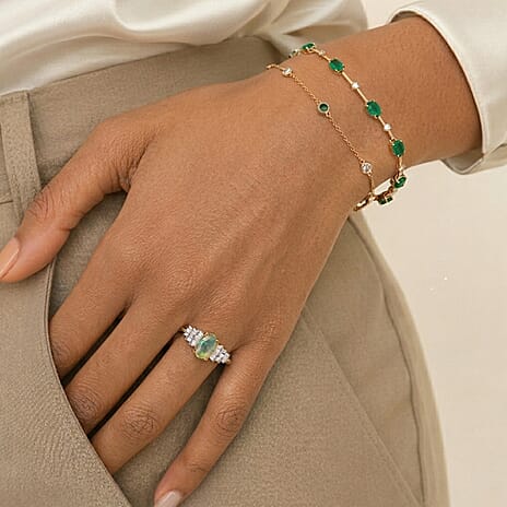 D'Joy - Ethiopian Opal & Natural White Diamond Ballerina Ring in Yellow Gold Plated Sterling Silver