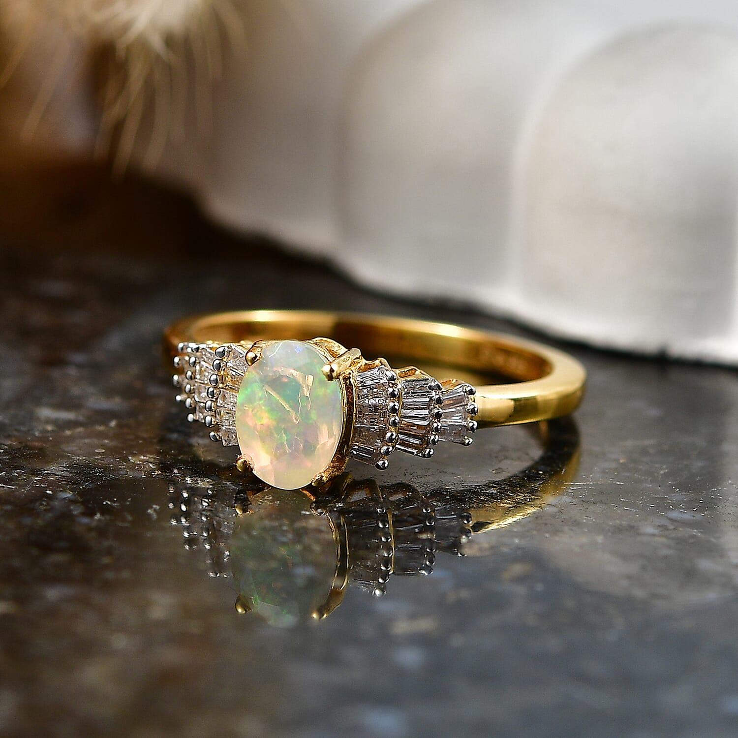 African Ruby / Ethiopian Opal, White Diamond Ballerina Ring in Yellow Gold Over Sterling Silver