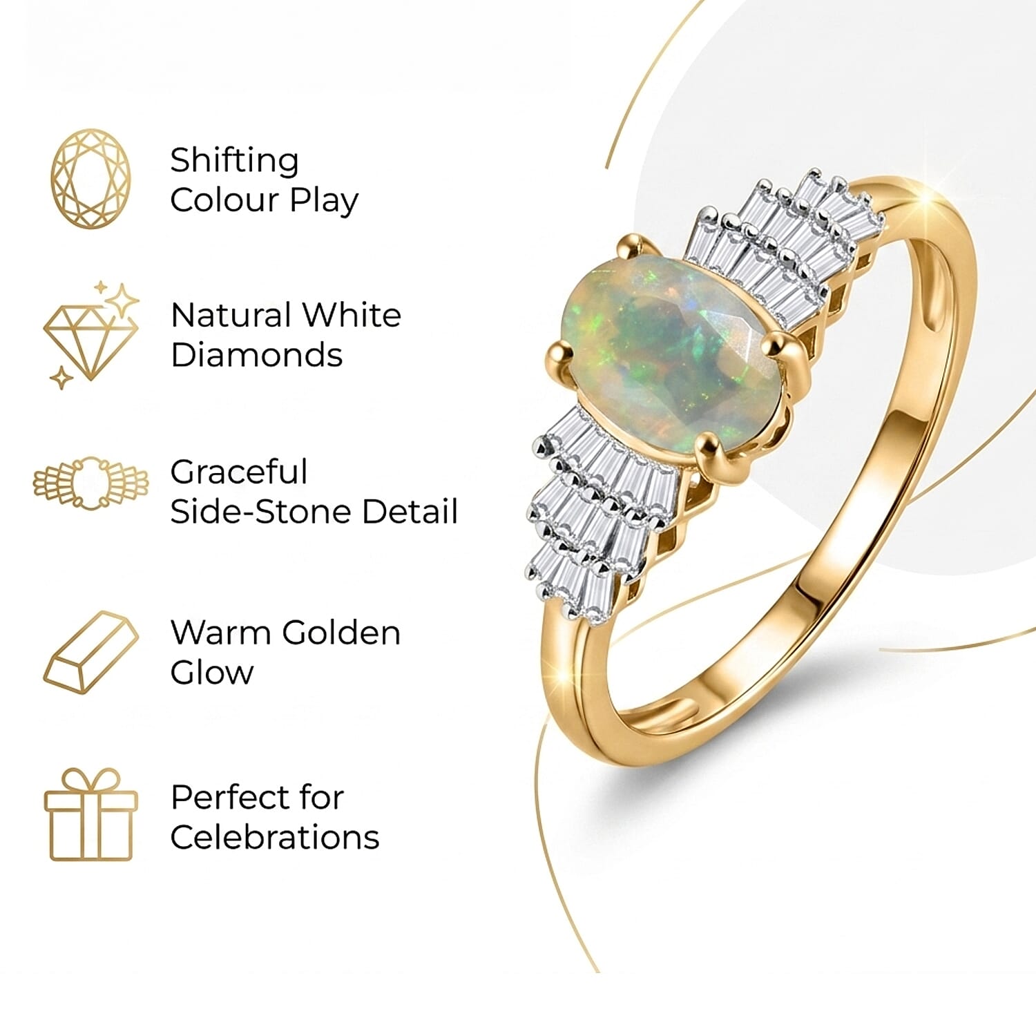 African Ruby / Ethiopian Opal, White Diamond Ballerina Ring in Yellow Gold Over Sterling Silver