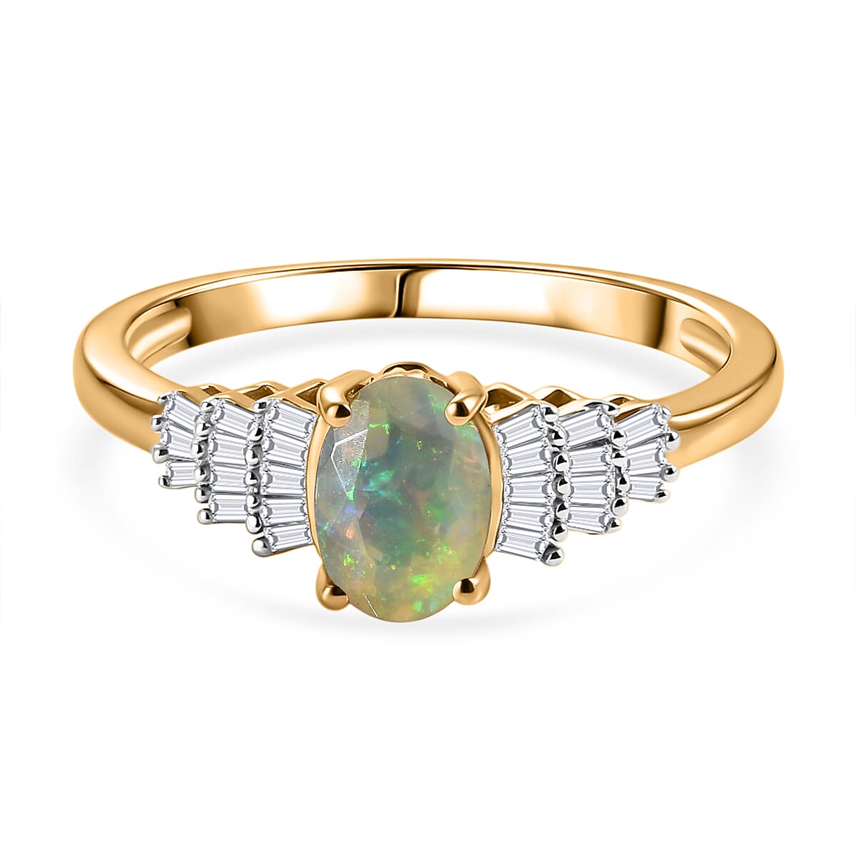 D'Joy - Ethiopian Opal & Natural White Diamond Ballerina Ring in Yellow Gold Plated Sterling Silver