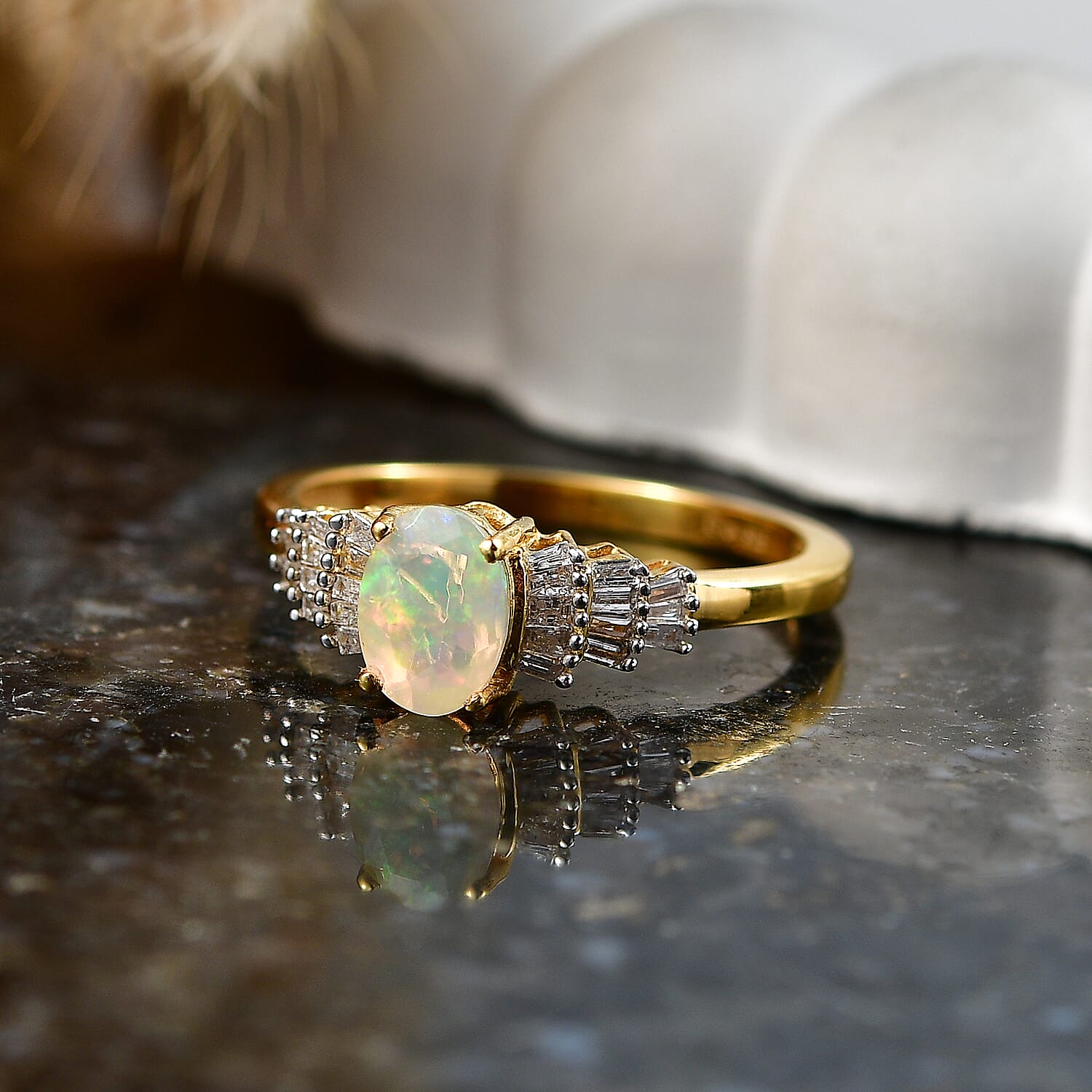 D'Joy - Ethiopian Opal & Natural White Diamond Ballerina Ring in Yellow Gold Plated Sterling Silver