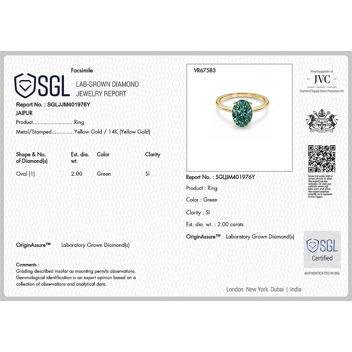 Manhattan Close Out Deal - 14K Yellow Gold SGL Certified Lab Grown Green Diamond (SI) Solitaire Ring 2.00 Ct.