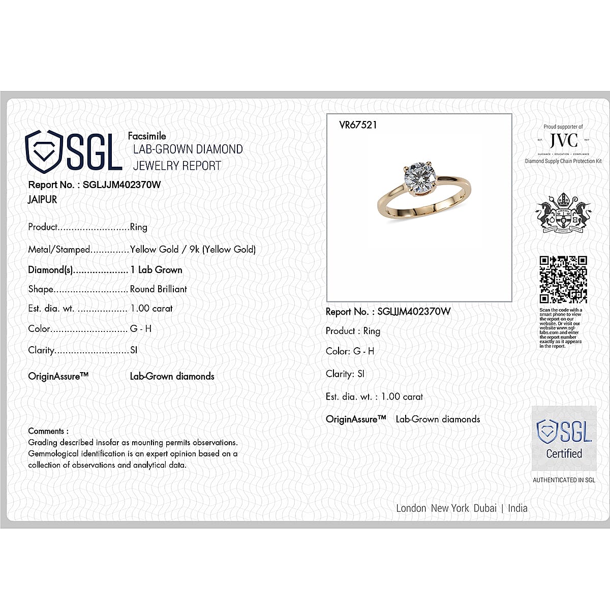 Luxuriant - 9K Yellow Gold SGL Certified Lab Grown Diamond (SI-G-H) Solitaire Ring 1.08 Ct.