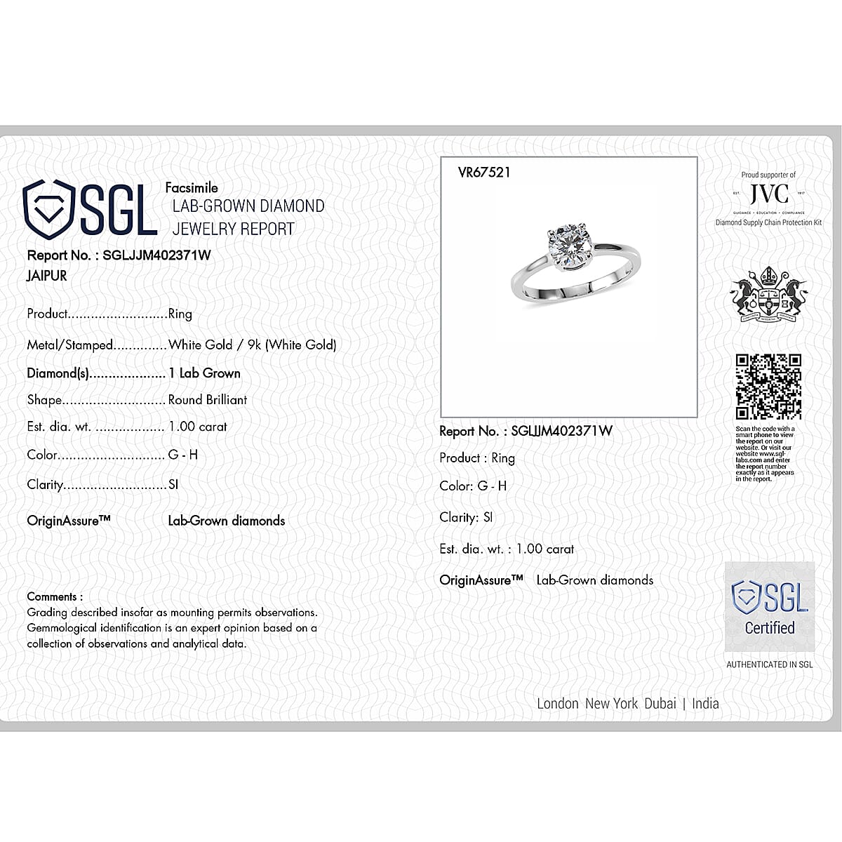 Luxuriant - 9K White Gold SGL Certified Lab Grown Diamond (SI-G-H) Solitaire Ring 1.07 Ct.