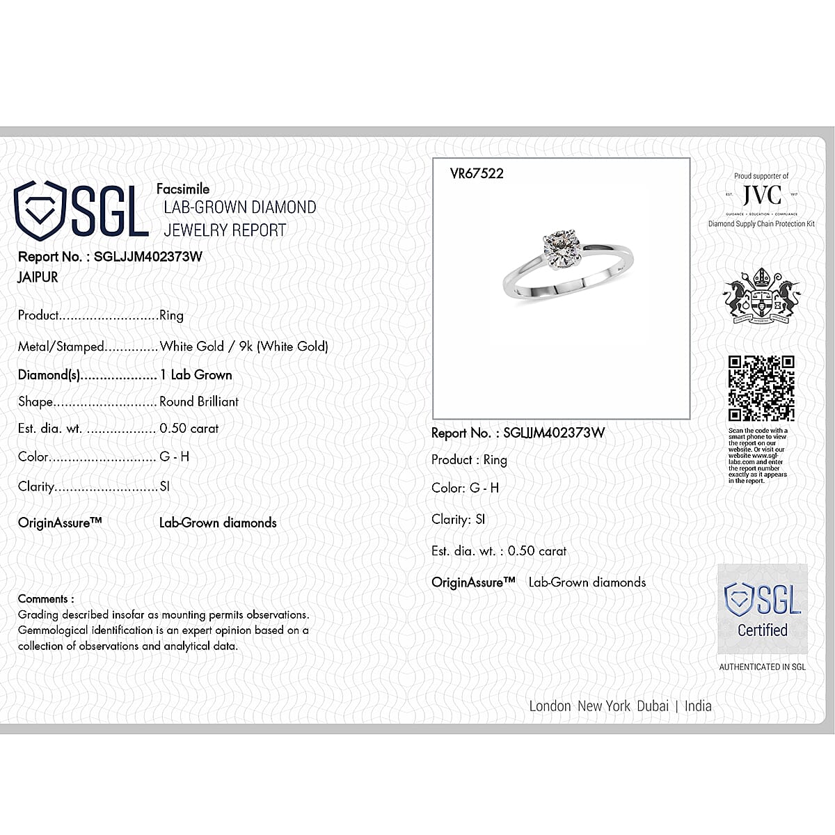Luxuriant - 9K White Gold SGL Certified Lab Grown Diamond (SI-G-H) Solitaire Ring 0.50 Ct.