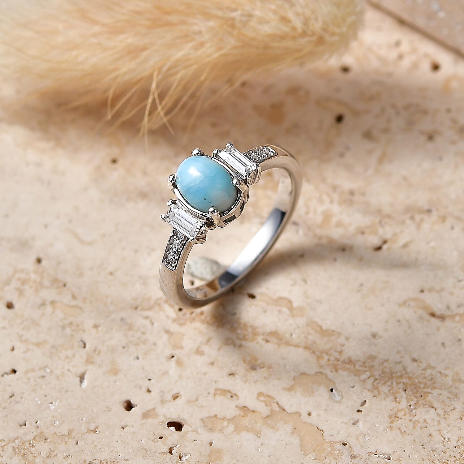 D'Joy - Natural Larimar & Moissanite Ring in Platinum Overlay Sterling Silver 1.20 Ct.