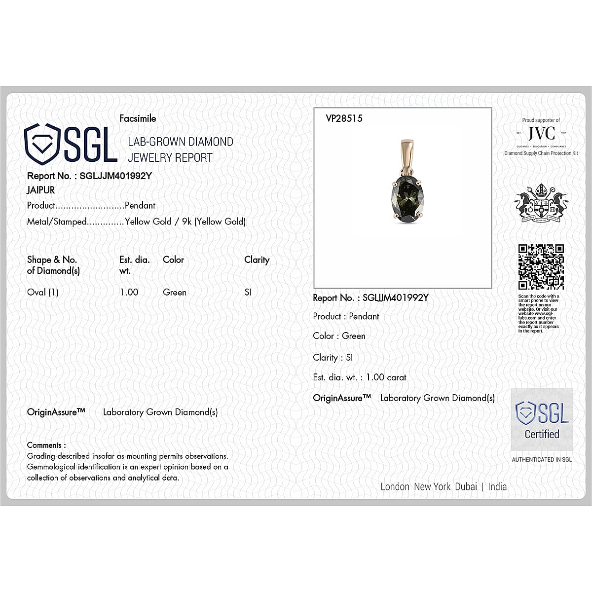 Luxuriant - 9K Yellow Gold SGL Certified Lab Grown Green Diamond (SI) Solitaire Pendant 1.05 Ct.