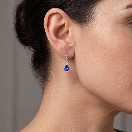 D'Joy - Ceylon Color Quartz & White Zircon Dangling Earring with Push Post in Platinum Overlay Sterling Silver 2.80 Ct.
