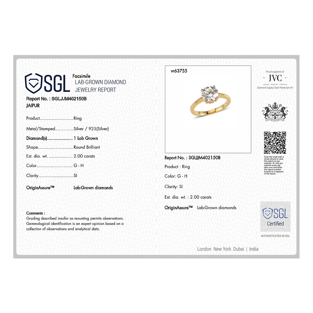 LUXURIANT 2 Ct. SGL Certified Lab Grown Diamond (SI/G-H) Solitaire Ring in Sterling Silver