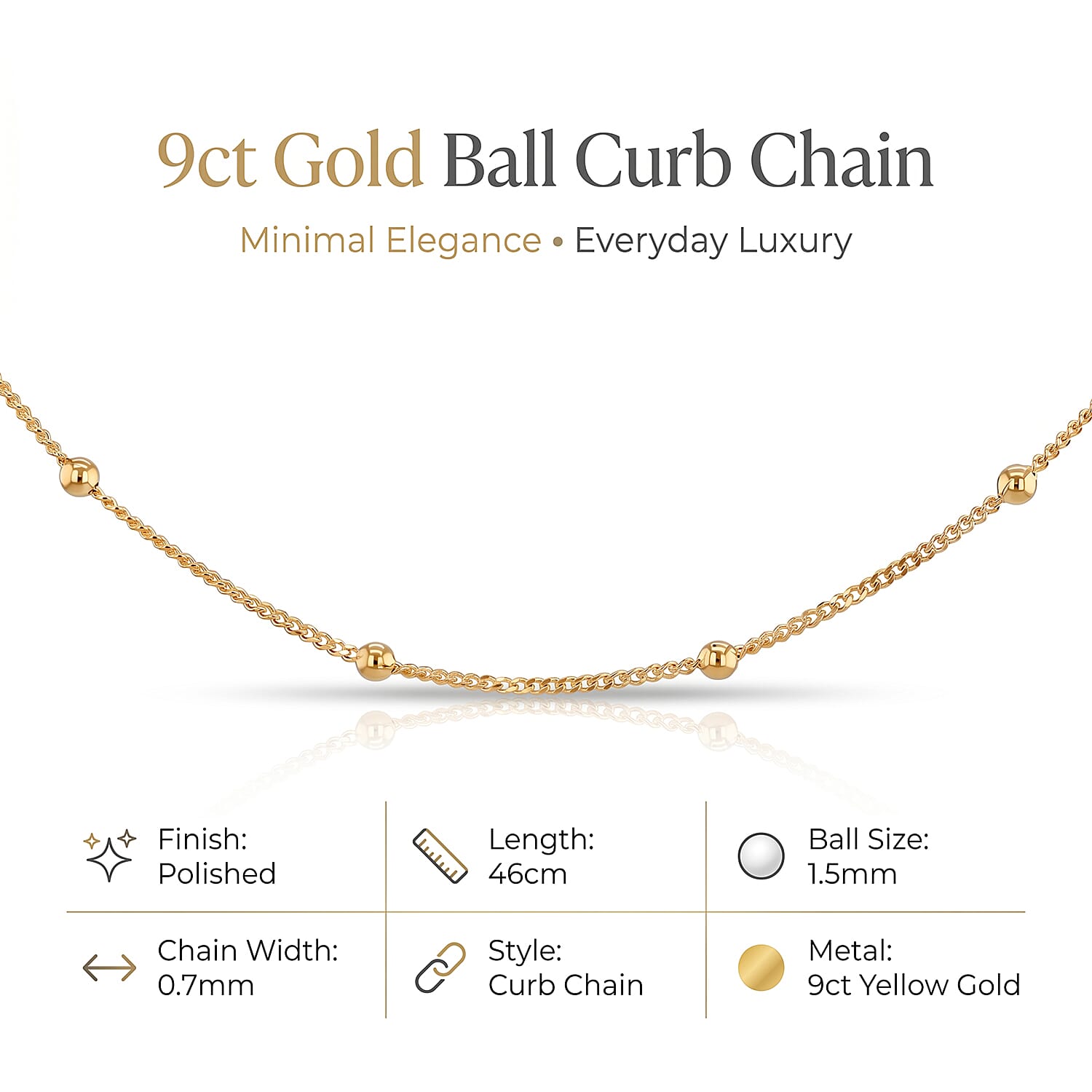 9K Yellow Gold Curb Necklace (Size - 18) with Spring Ring Clasp