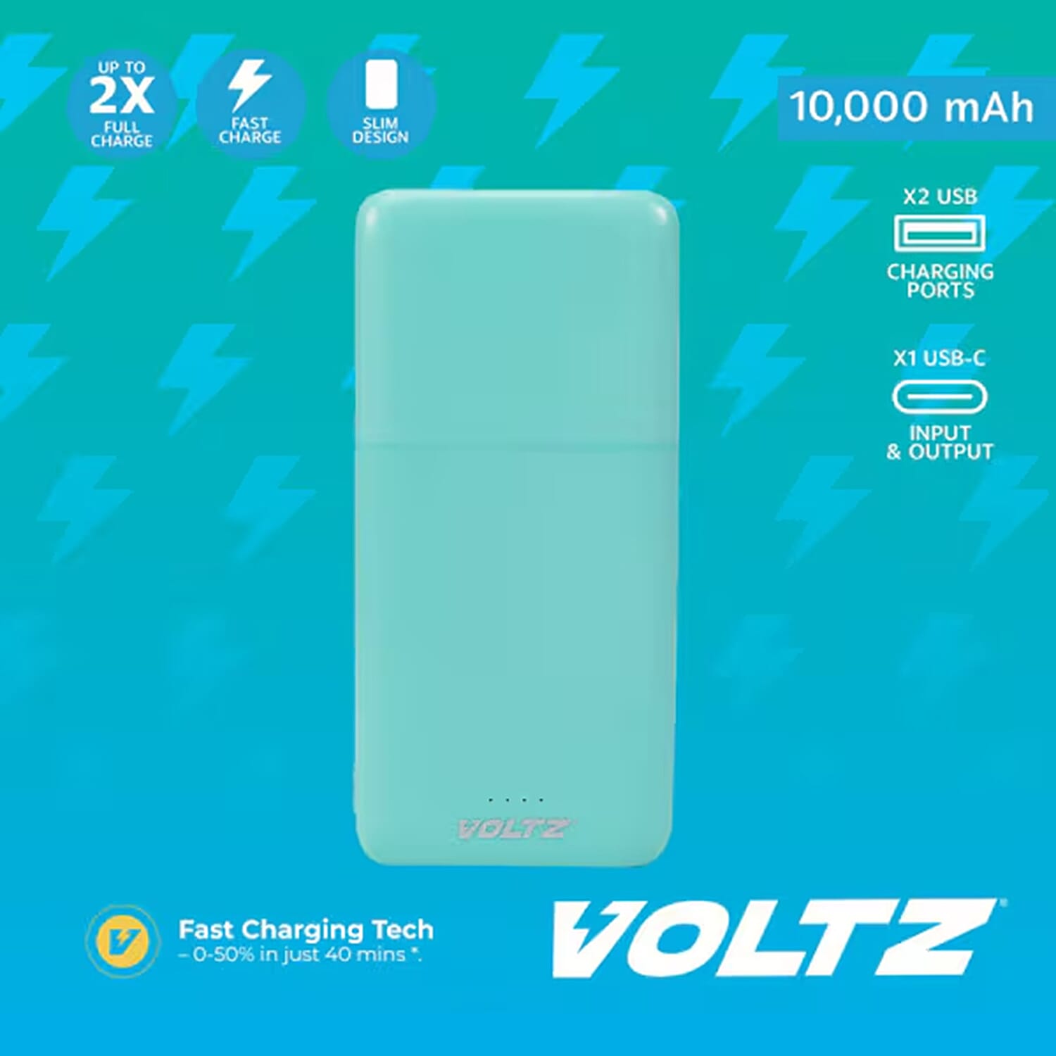 Voltz 10,000mAh Mini Pocket-Size Fast Charging Power Bank - Turquoise