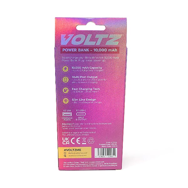 Voltz 10,000mAh Mini Pocket-Size Fast Charging Power Bank - Pink