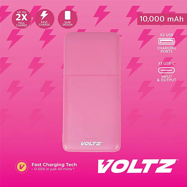 Voltz 10,000mAh Mini Pocket-Size Fast Charging Power Bank - Pink