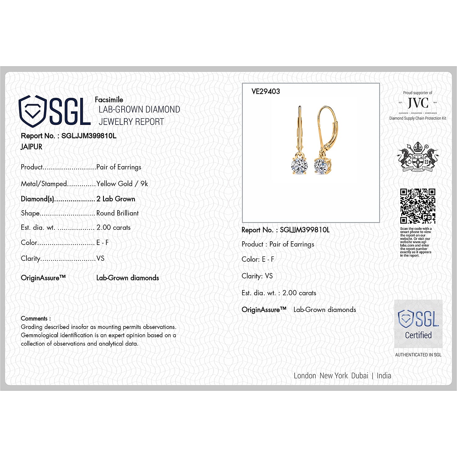 Luxuriant - 9K Yellow Gold SGL Certified Lab Grown Diamond (VS-E-F) Solitaire Earring with Lever Back 2.05 Ct.