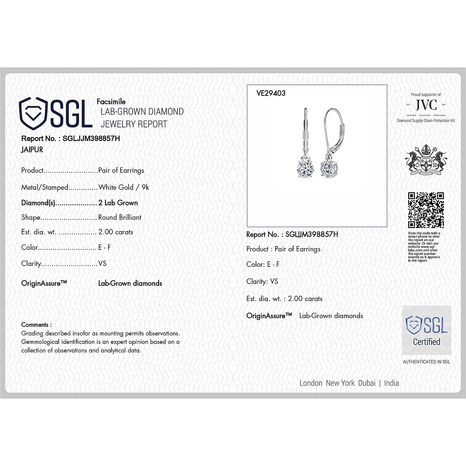 Luxuriant - 9K White Gold SGL Certified Lab Grown Diamond (VS-E-F) Solitaire Earring with Lever Back 2.06 Ct.