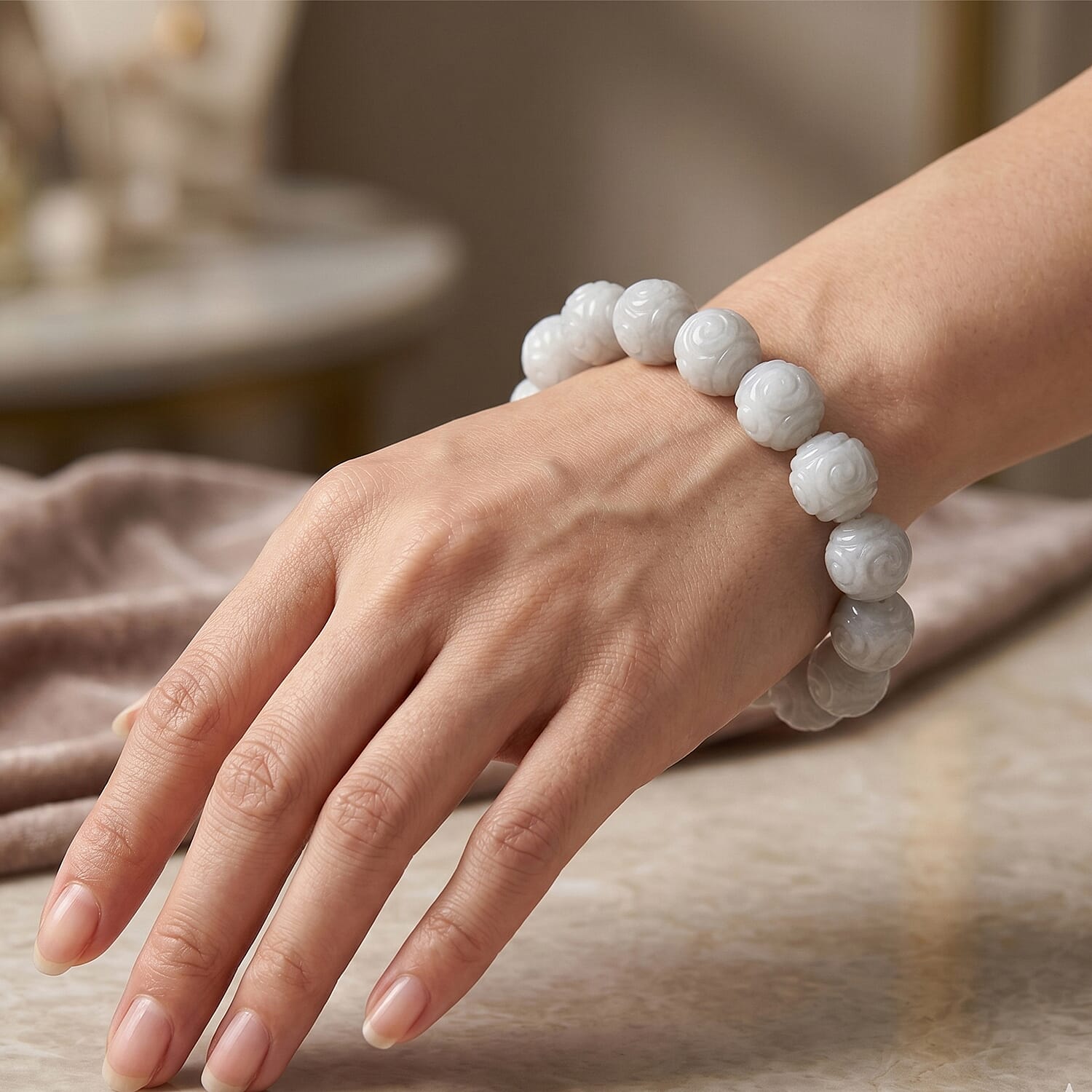 Natural White Jade Stretchable Beads Bracelet (Size - 7 to 7.5) 150.00 Ct.