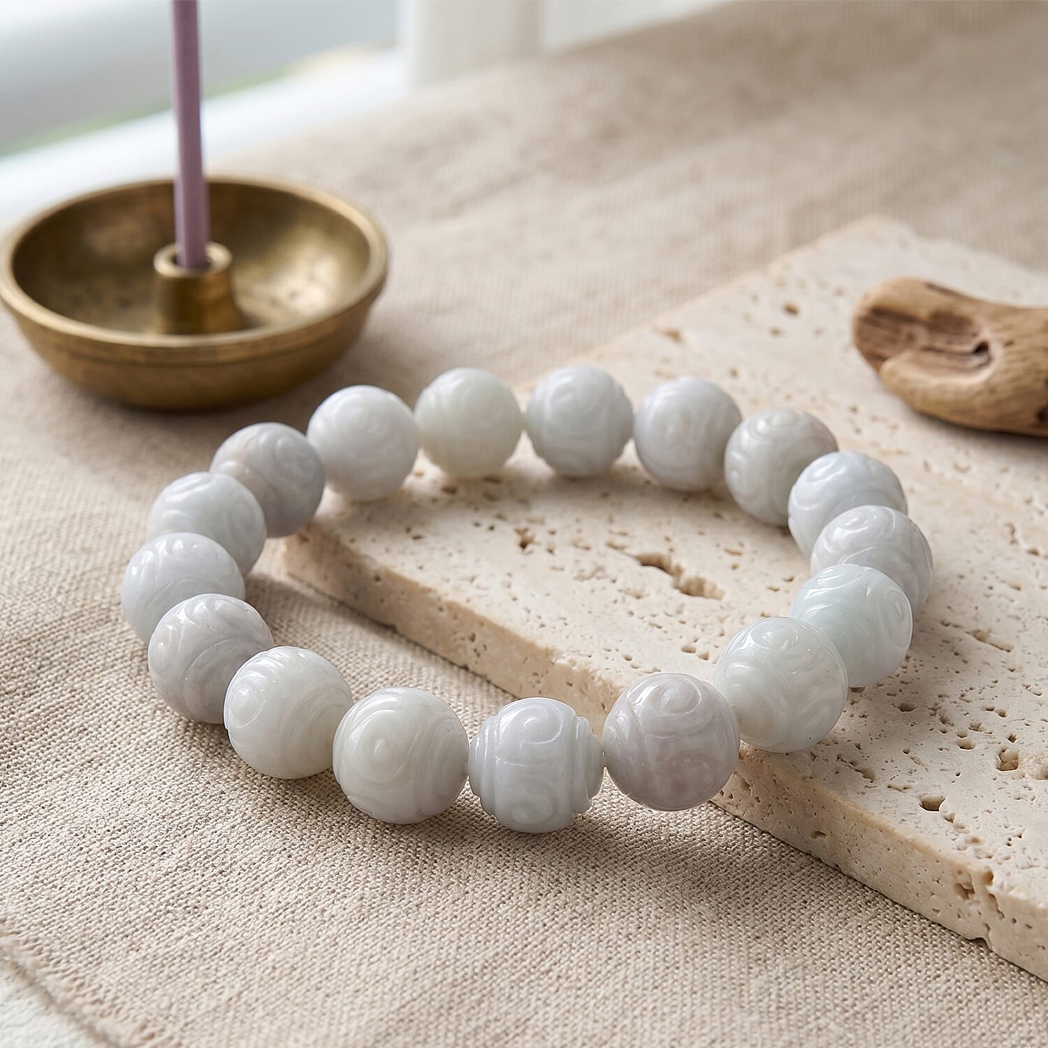 Natural White Jade Stretchable Beads Bracelet (Size - 7 to 7.5) 150.00 Ct.