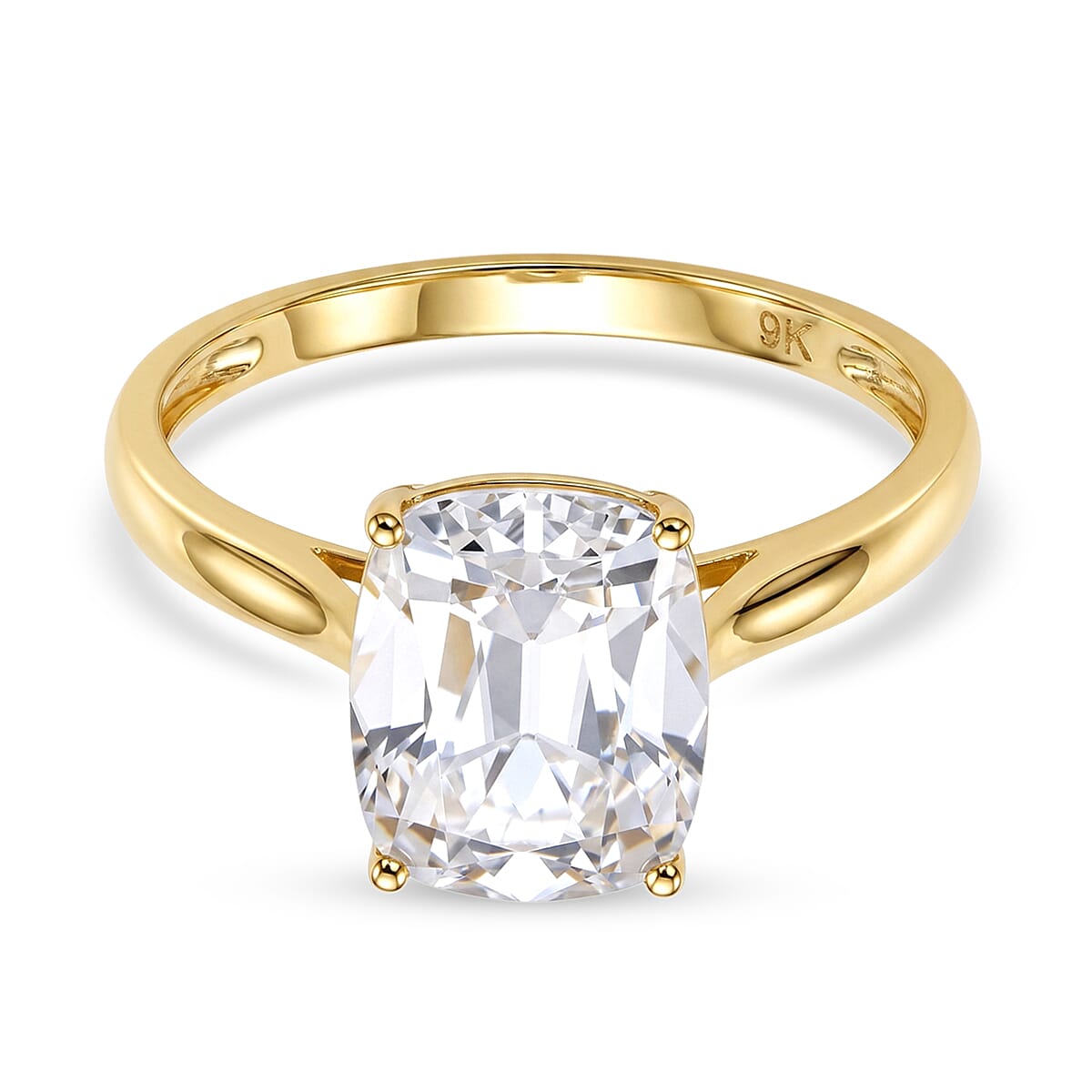 9K Yellow Gold GRA Certified ( D-VVS1) Moissanite Cushion Old Mine Cut with vintage faceting Solitaire Ring 3.07 Ct.