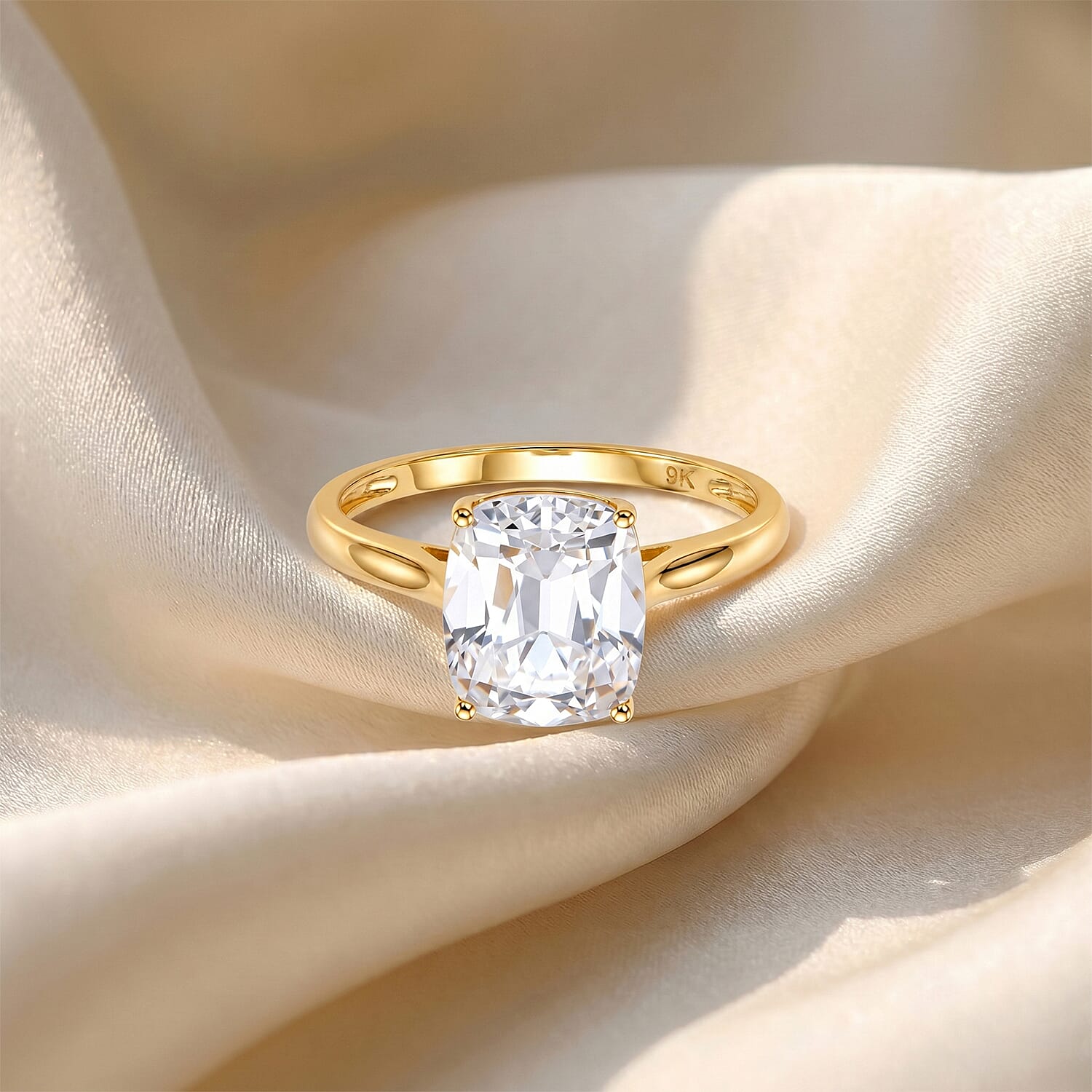 9K Yellow Gold GRA Certified ( D-VVS1) Moissanite Cushion Old Mine Cut with vintage faceting Solitaire Ring 3.07 Ct.