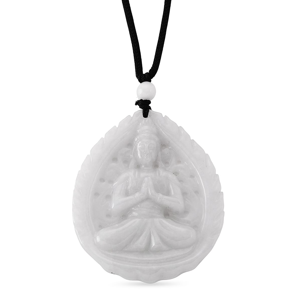 Enhanced White Jade Adjustable Buddha Carved Necklace (Size - 28) 98.00 Ct.