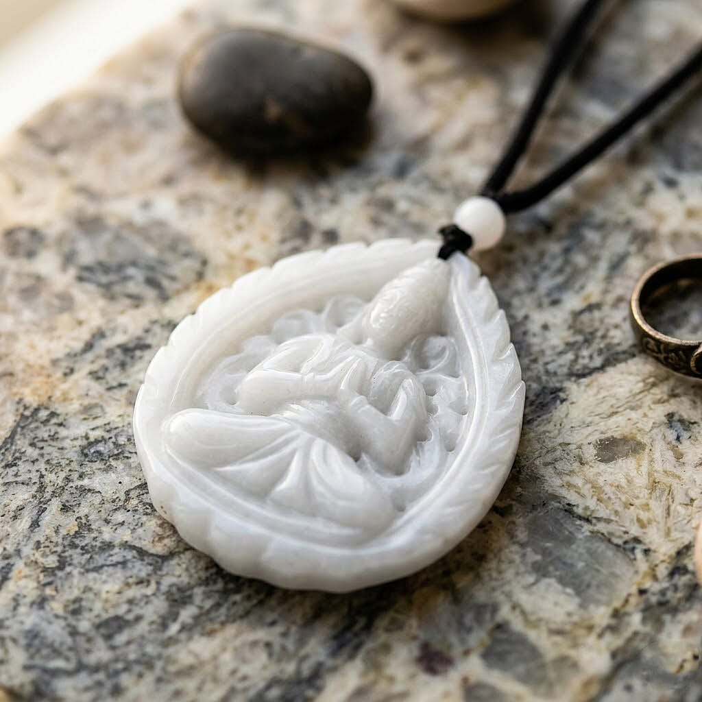 Enhanced White Jade Adjustable Buddha Carved Necklace (Size - 28) 98.00 Ct.