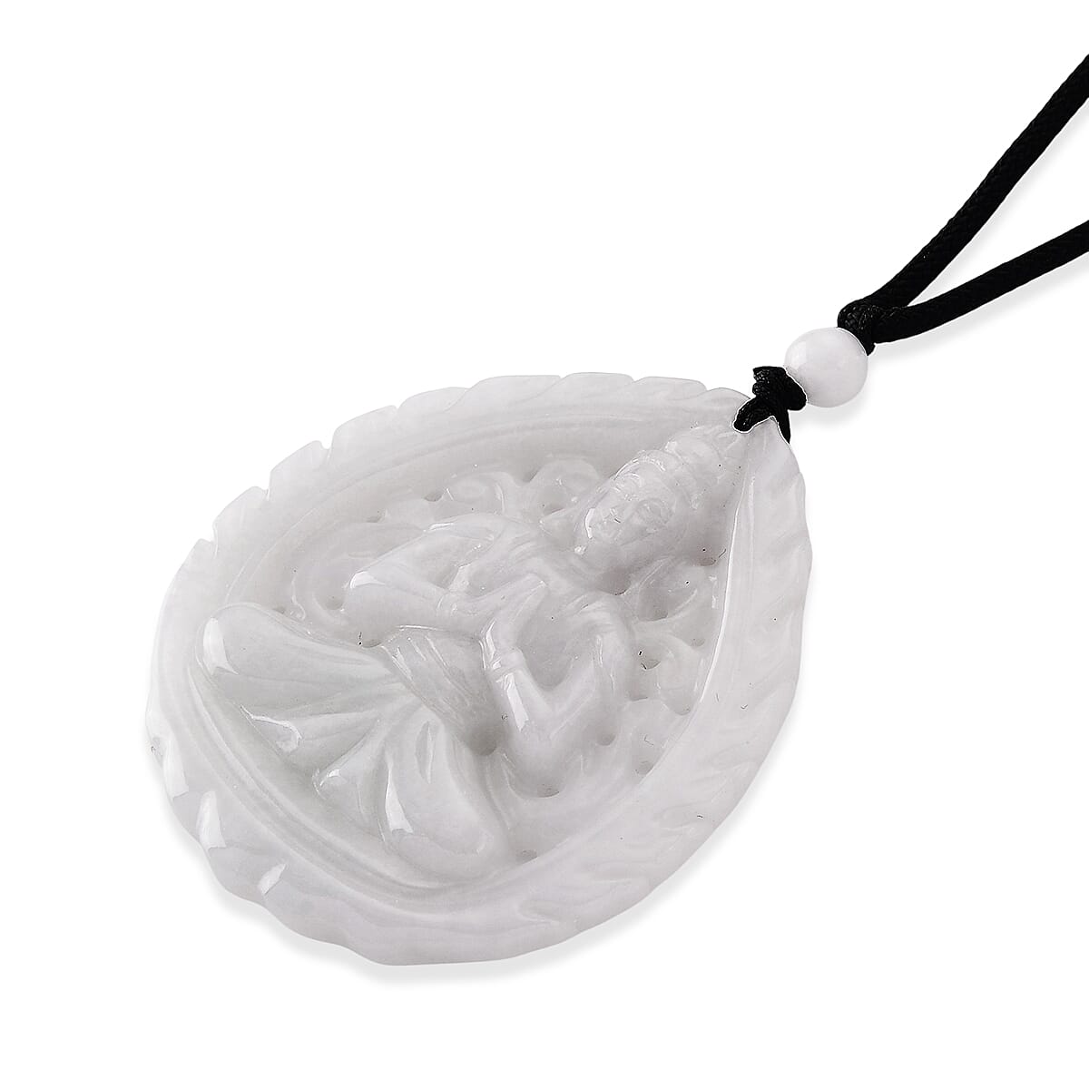 Enhanced White Jade Adjustable Buddha Carved Necklace (Size - 28) 98.00 Ct.