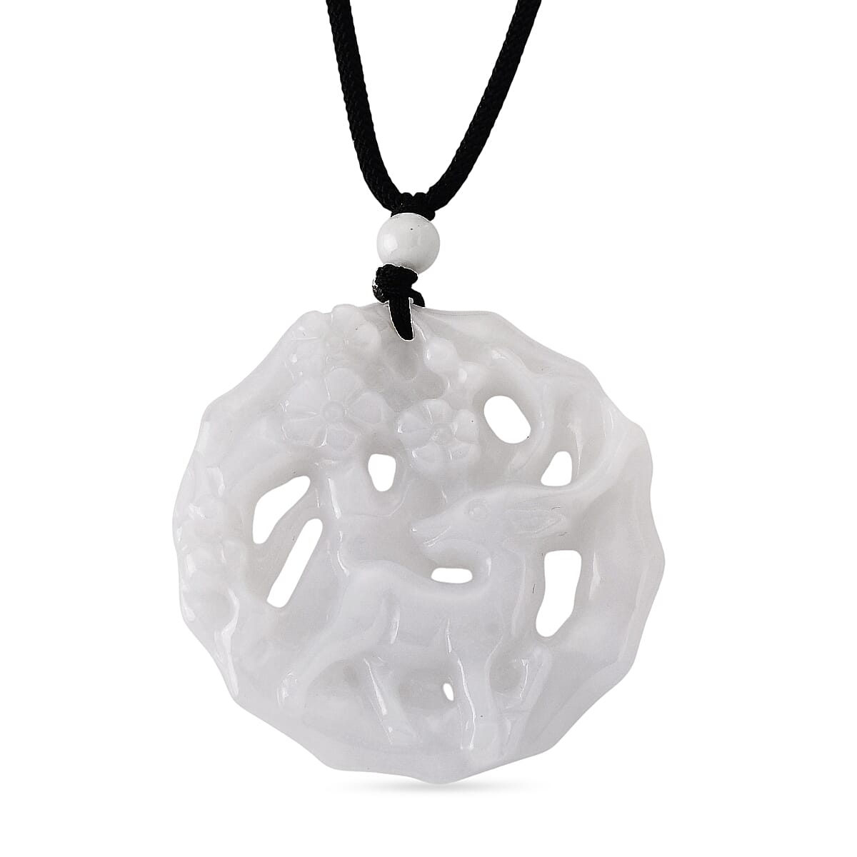 Enhanced Natural White Jade Adjustable Carved Deer Necklace (Size - 28) 96.00 Ct.