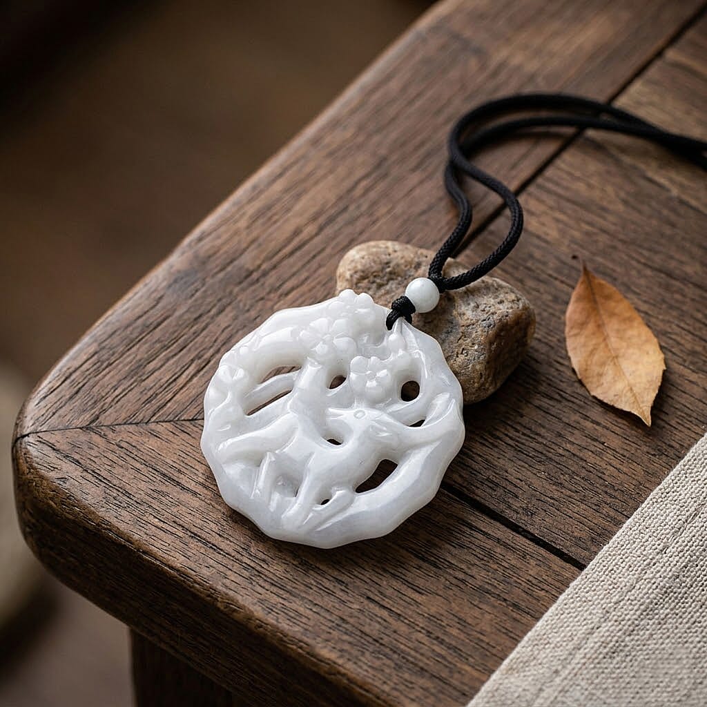 Enhanced Natural White Jade Adjustable Carved Deer Necklace (Size - 28) 96.00 Ct.