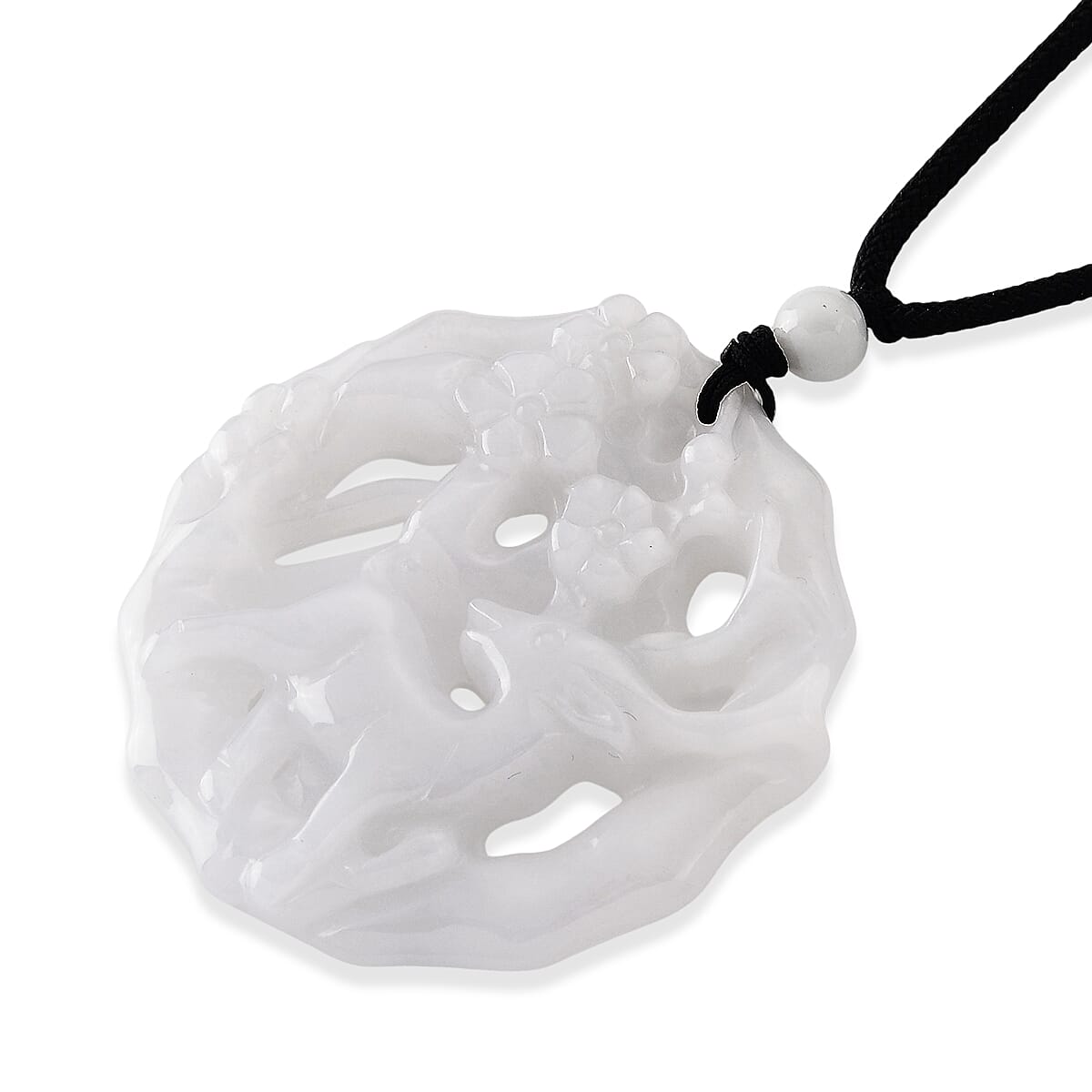 Enhanced Natural White Jade Adjustable Carved Deer Necklace (Size - 28) 96.00 Ct.