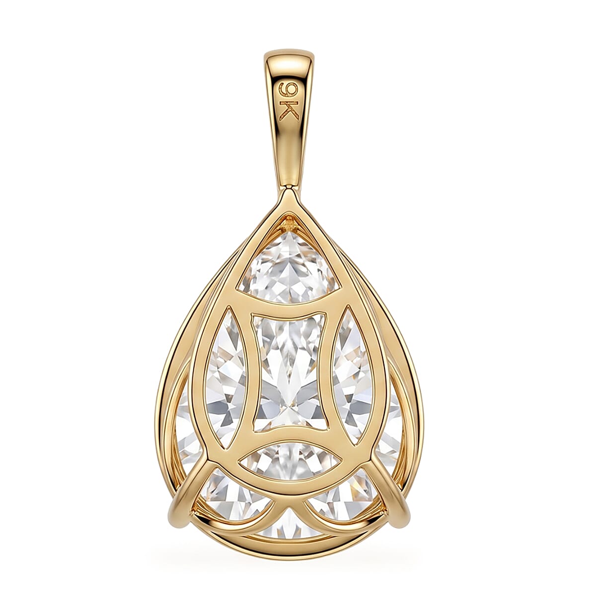 9K Yellow Gold GRA Certified Moissanite Pear Cut Solitaire Pendant 9.86 Ct.