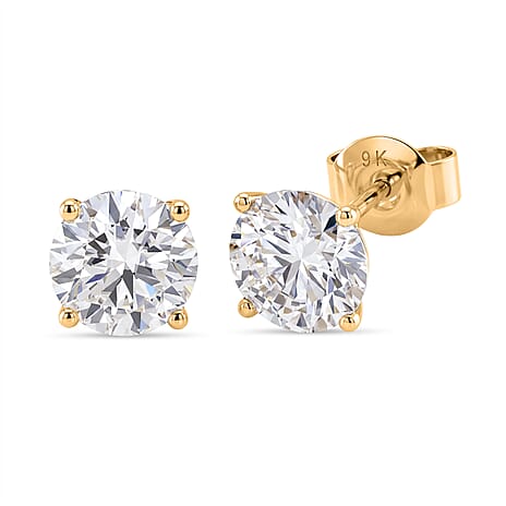 9K Yellow Gold GRA Certified Moissanite Stud Earring with Push Back 1.92 Ct.
