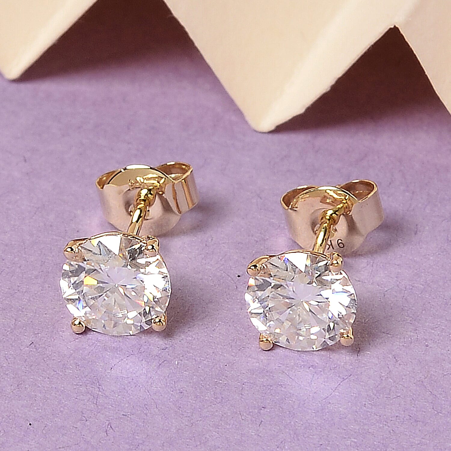 9K Yellow Gold GRA Certified Moissanite Stud Earring with Push Back 1.92 Ct.