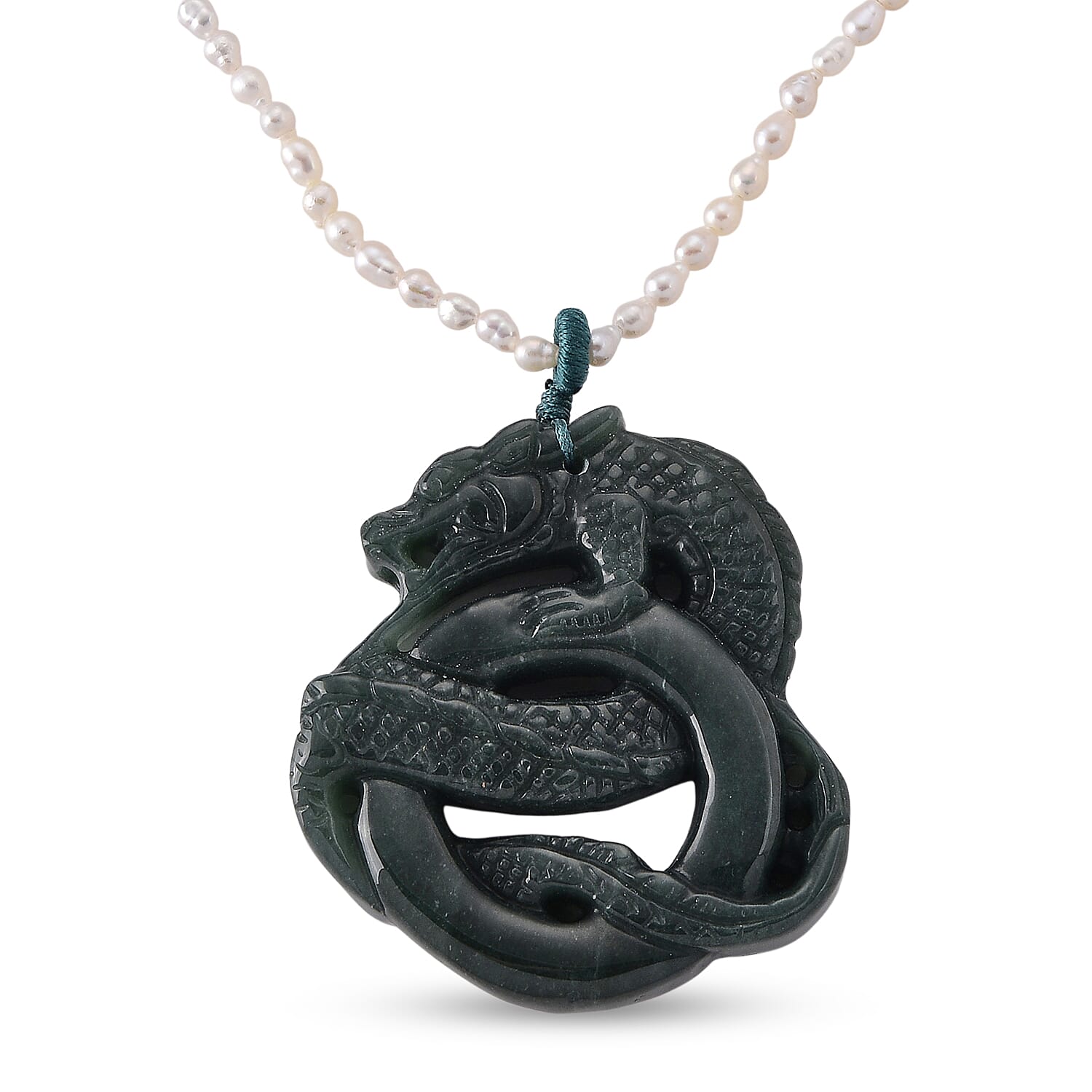 D'Joy - Natural Jade & White Fresh Water Pearl Adjustable Double Dragon Necklace (Size - 18-2 Ext) in Rhodium Overlay Sterling Silver 190.00 Ct.