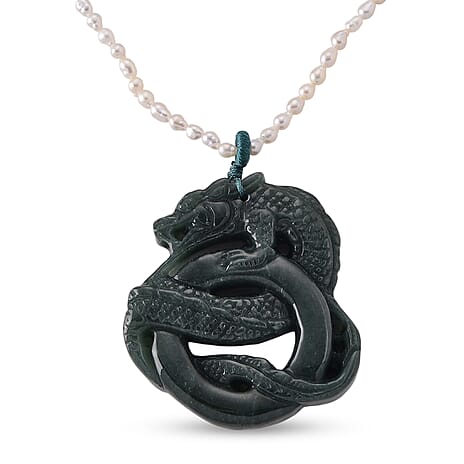 D'Joy - Natural Jade & White Fresh Water Pearl Adjustable Double Dragon Necklace (Size - 18-2 Ext) in Rhodium Overlay Sterling Silver 190.00 Ct.