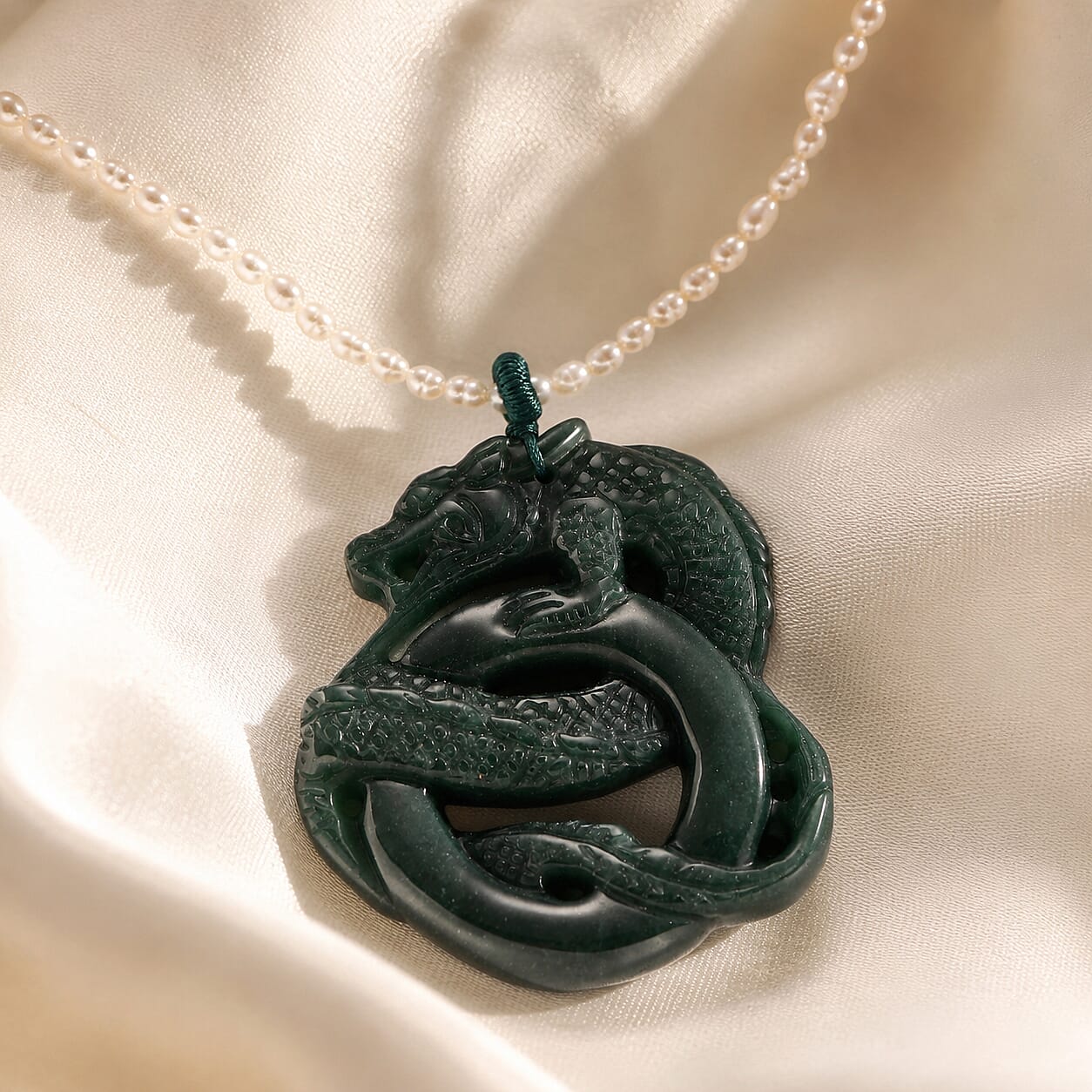 D'Joy - Natural Jade & White Fresh Water Pearl Adjustable Double Dragon Necklace (Size - 18-2 Ext) in Rhodium Overlay Sterling Silver 190.00 Ct.