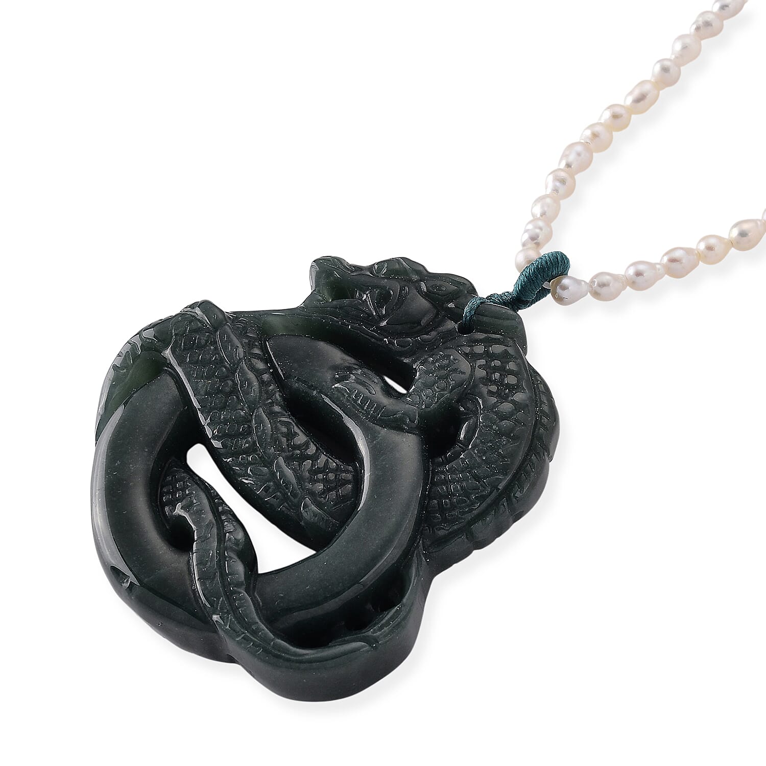 D'Joy - Natural Jade & White Fresh Water Pearl Adjustable Double Dragon Necklace (Size - 18-2 Ext) in Rhodium Overlay Sterling Silver 190.00 Ct.