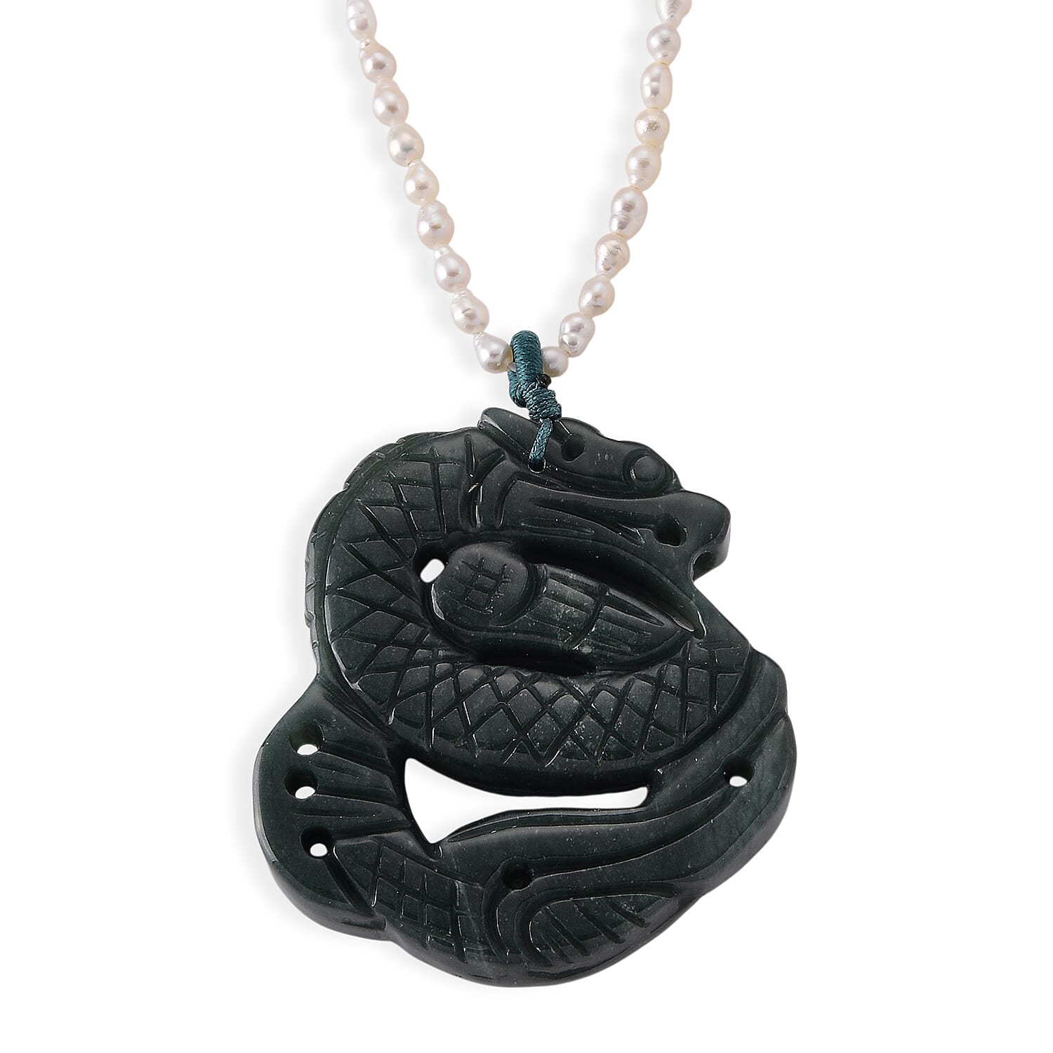 D'Joy - Natural Jade & White Fresh Water Pearl Adjustable Double Dragon Necklace (Size - 18-2 Ext) in Rhodium Overlay Sterling Silver 190.00 Ct.