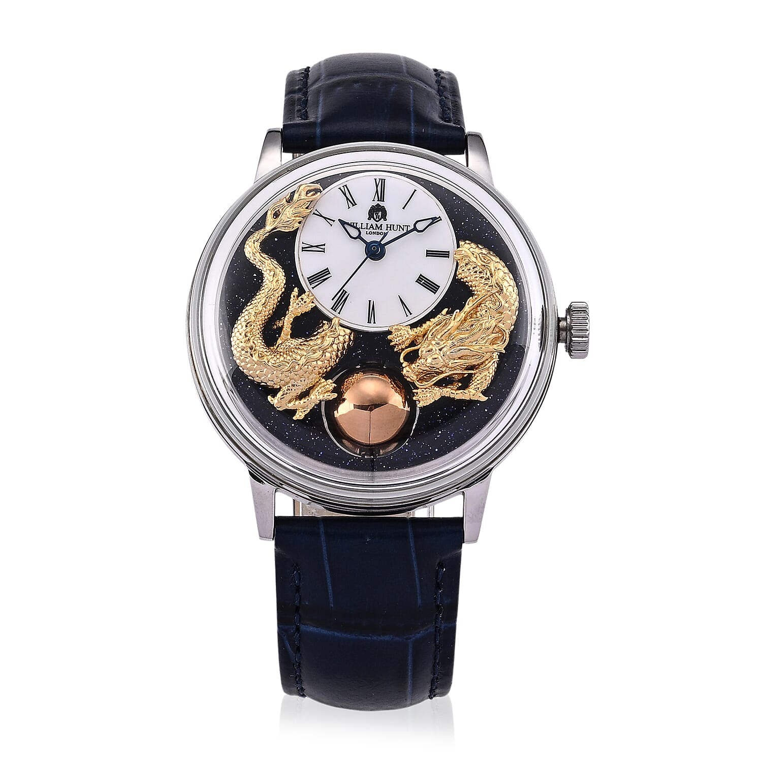 William Hunt Dragon Skeleton MIYOTA 6T15 Automatic Mechanical Japan Movement 5ATM WR MOP Dragon Emboss Dial & IPS Plating 316 Stainless Steel Case Mens Watch with Blue Leather Strap