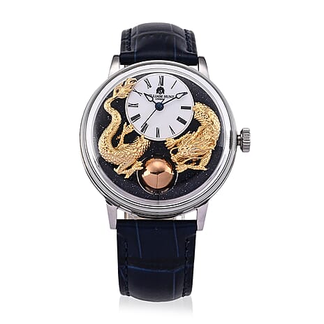 Exclusive William Hunt Automatic Watch With Lapis Lazuli Rotating Day & Night Sphere, Blue Sandstone and MOP Dial & 24K Gold Plated Dragons 5ATM WR with Blue Leather Strap