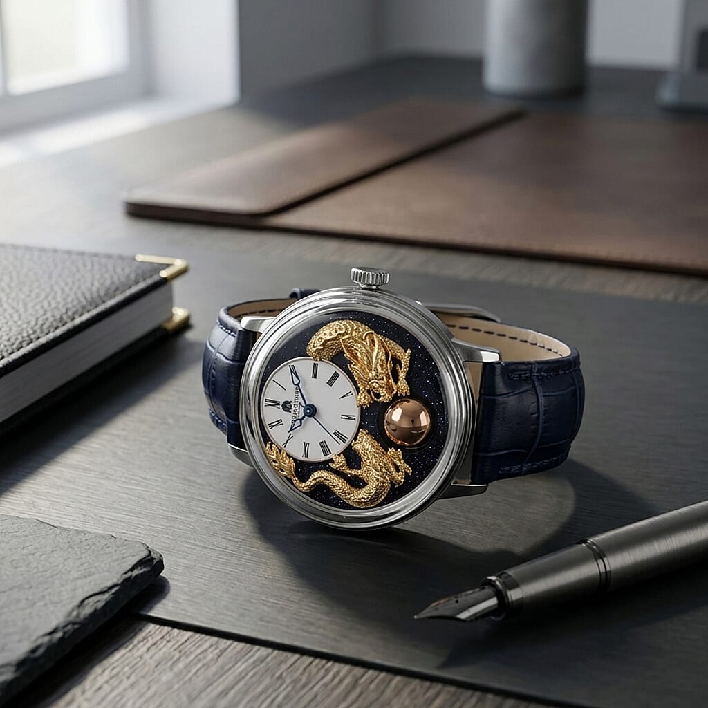 William Hunt Dragon Skeleton MIYOTA 6T15 Automatic Mechanical Japan Movement 5ATM WR MOP Dragon Emboss Dial & IPS Plating 316 Stainless Steel Case Mens Watch with Blue Leather Strap