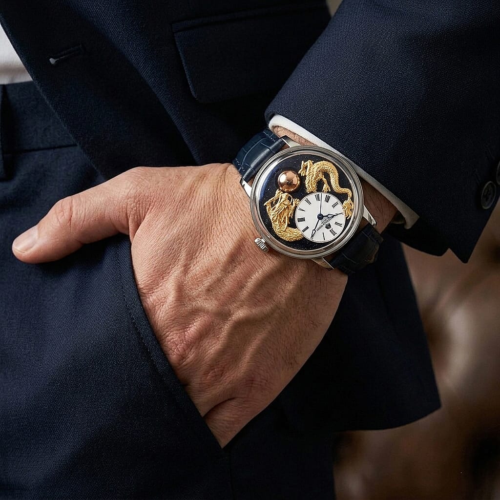 William Hunt Dragon Skeleton MIYOTA 6T15 Automatic Mechanical Japan Movement 5ATM WR MOP Dragon Emboss Dial & IPS Plating 316 Stainless Steel Case Mens Watch with Blue Leather Strap