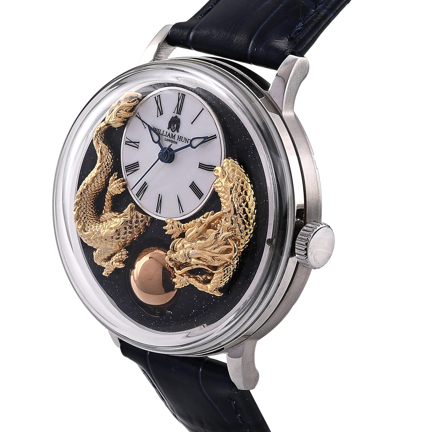 William Hunt Dragon Skeleton MIYOTA 6T15 Automatic Mechanical Japan Movement 5ATM WR MOP Dragon Emboss Dial & IPS Plating 316 Stainless Steel Case Mens Watch with Blue Leather Strap