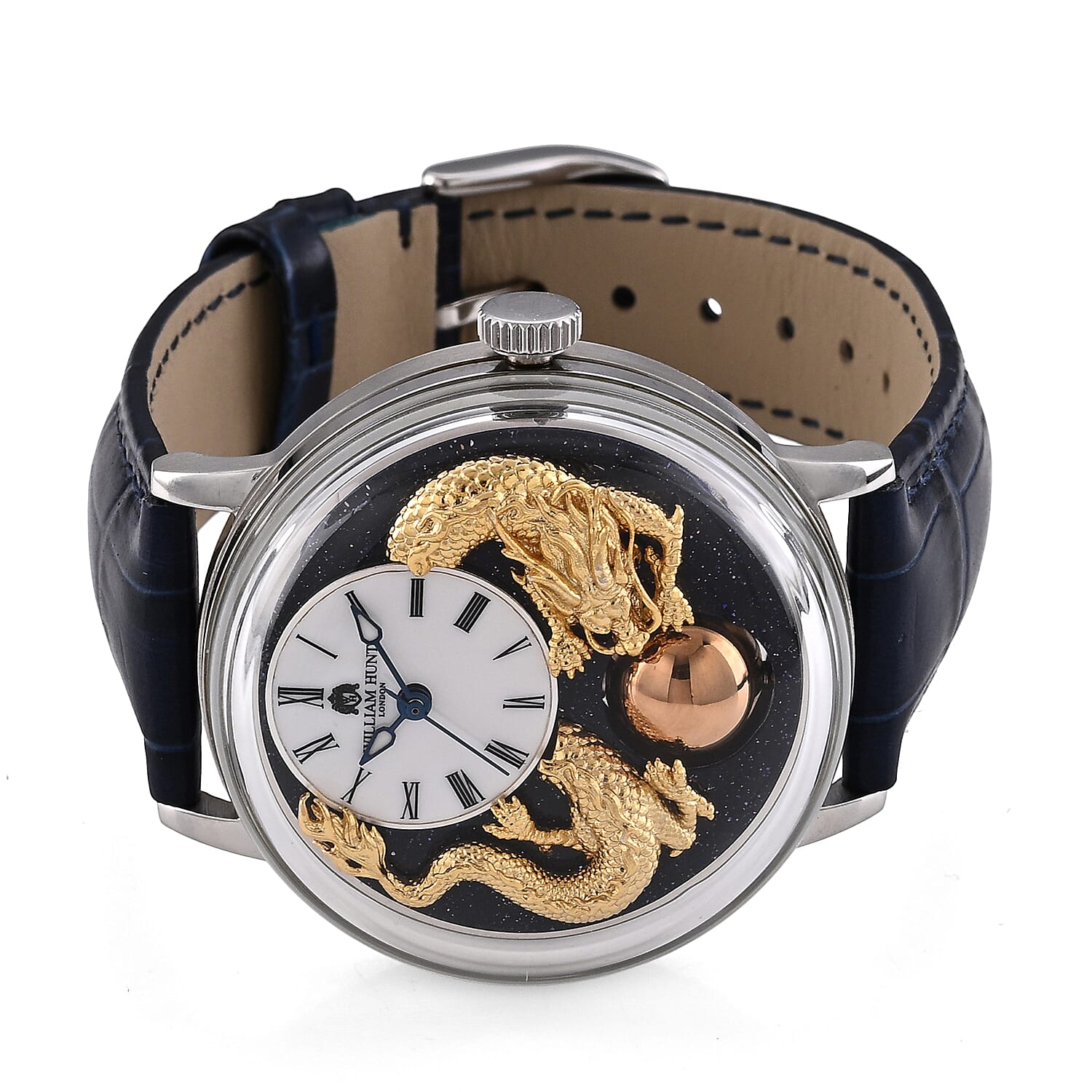 William Hunt Dragon Skeleton MIYOTA 6T15 Automatic Mechanical Japan Movement 5ATM WR MOP Dragon Emboss Dial & IPS Plating 316 Stainless Steel Case Mens Watch with Blue Leather Strap