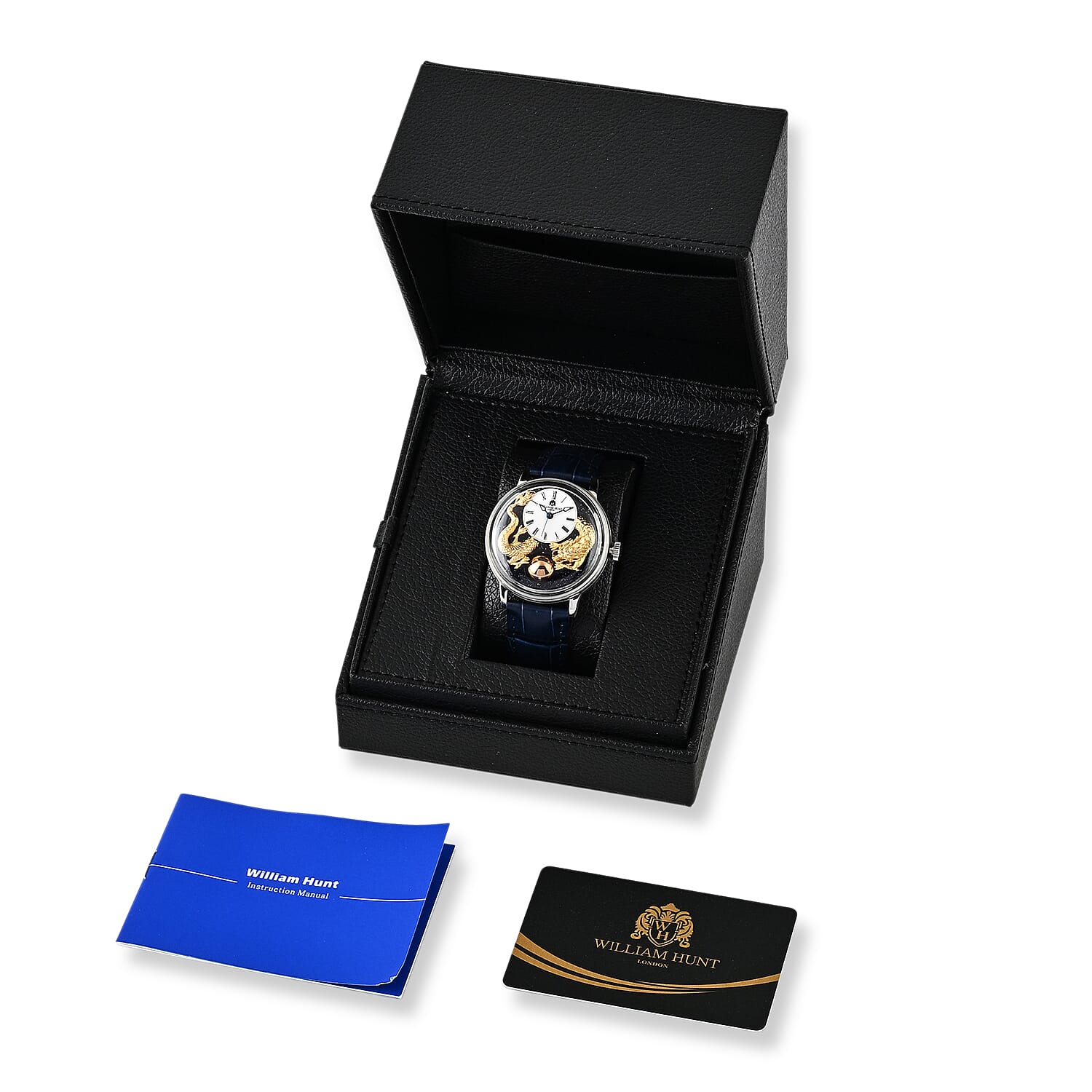 William Hunt Dragon Skeleton MIYOTA 6T15 Automatic Mechanical Japan Movement 5ATM WR MOP Dragon Emboss Dial & IPS Plating 316 Stainless Steel Case Mens Watch with Blue Leather Strap